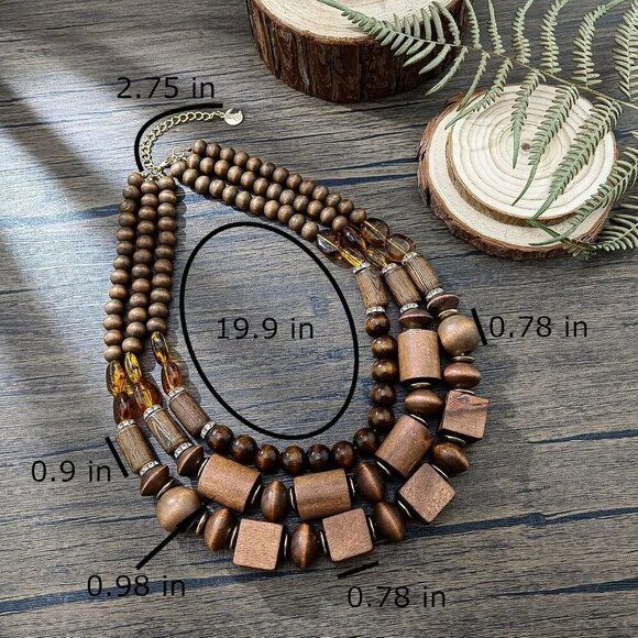 Layer Chunky Wood Beaded Necklace Exaggerated Statement Bead Collar Necklace Bib - Picture 8 of 8